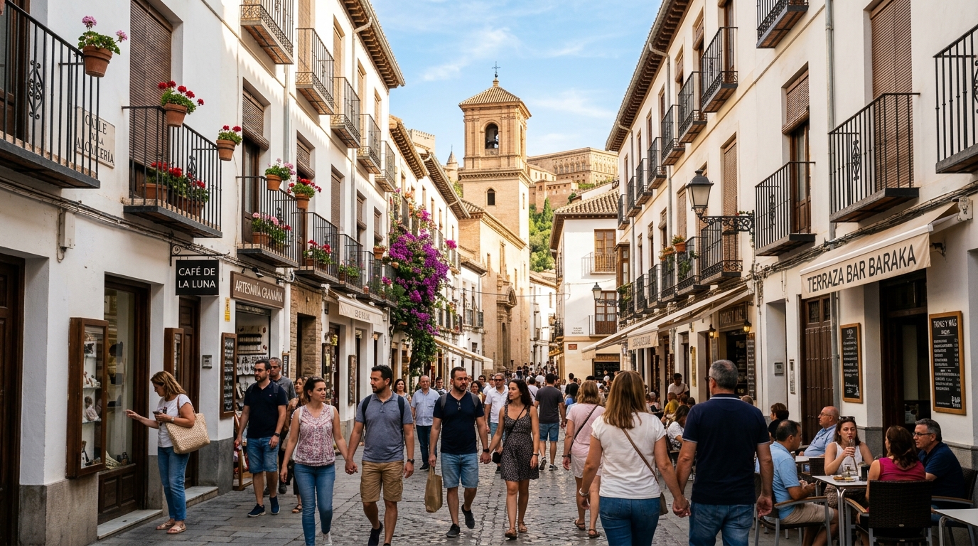 A modern European city in Spain with sunny weather, people walking in the streets, Spanish architect
